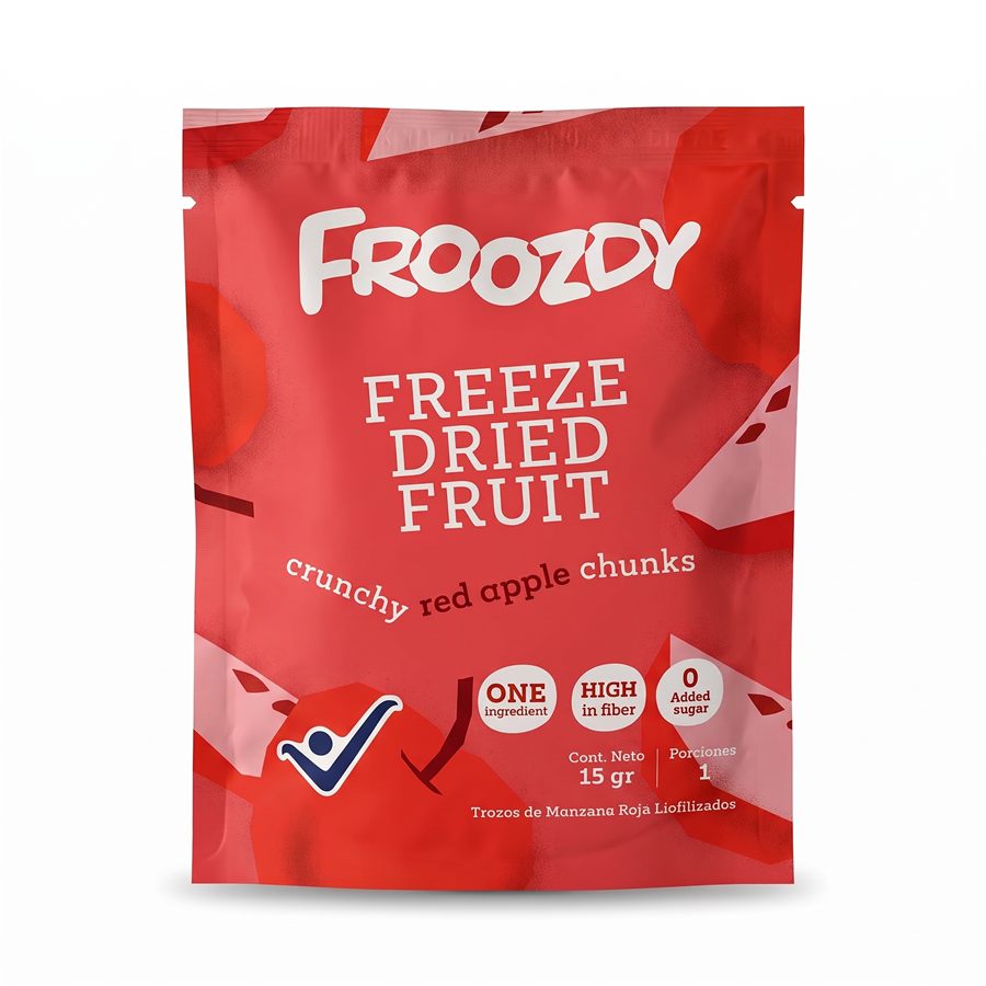 Empaque Froozdy — Trozos de manzana roja liofilizados